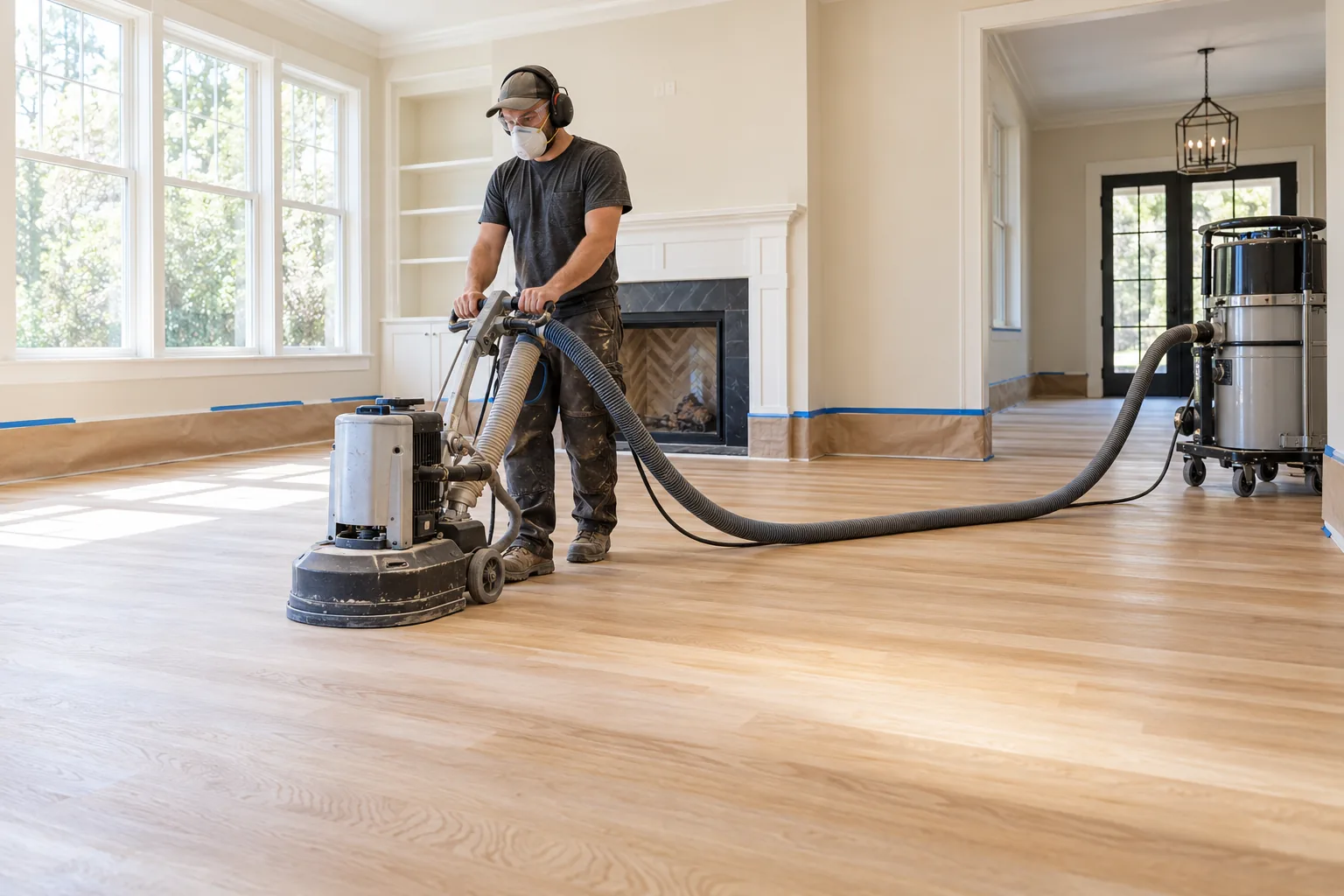 Flooring specialist sanding an existing hardwood floor with professional dust-extraction equipment to maintain a cleaner work environment.