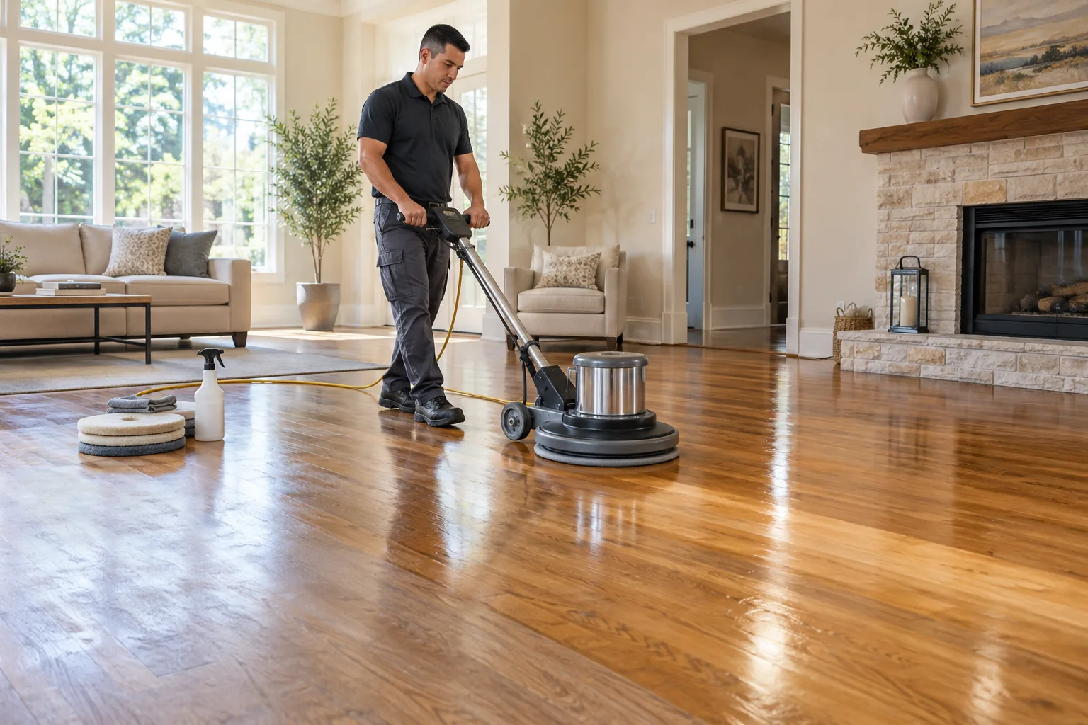 Flooring specialist using a commercial rotary buffer to restore the smooth finish and natural shine of a hardwood floor.