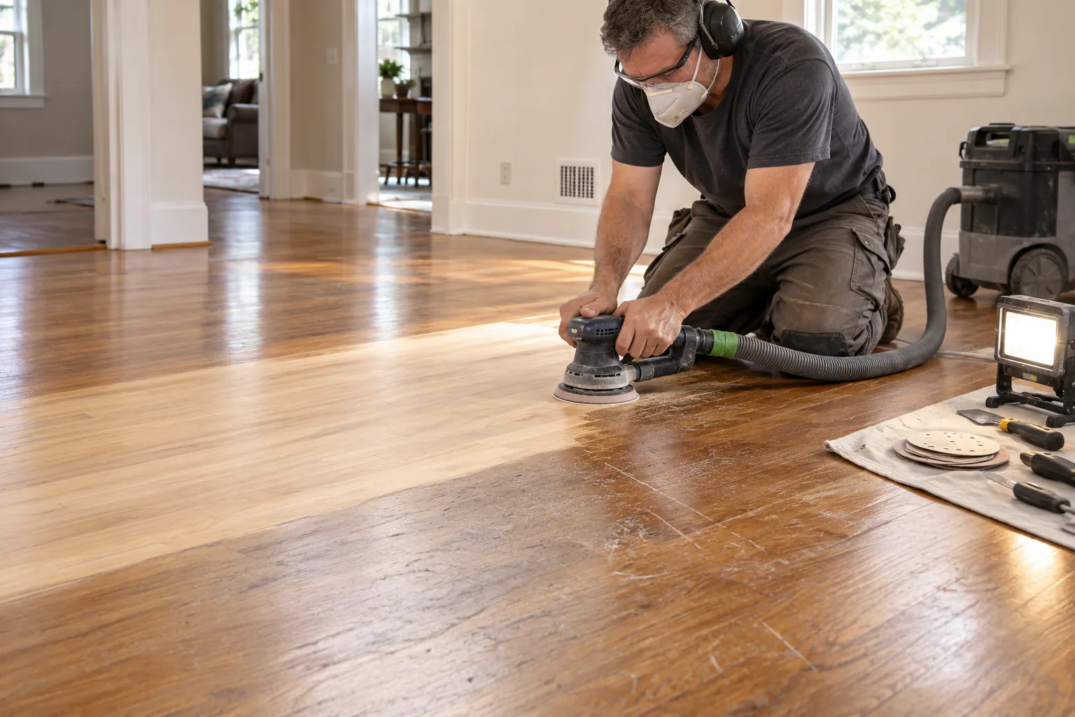 Flooring specialist removing scratches and surface damage from an existing hardwood floor using dust-controlled sanding equipment.