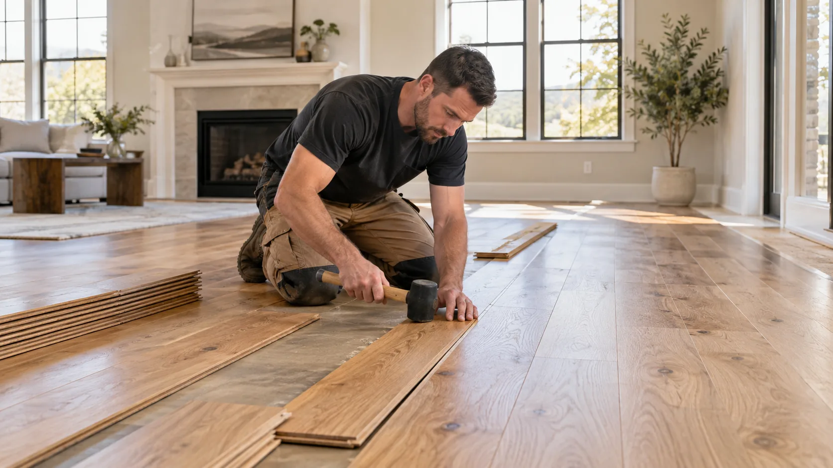 Skilled flooring professional installing natural hardwood flooring in a residential living room.