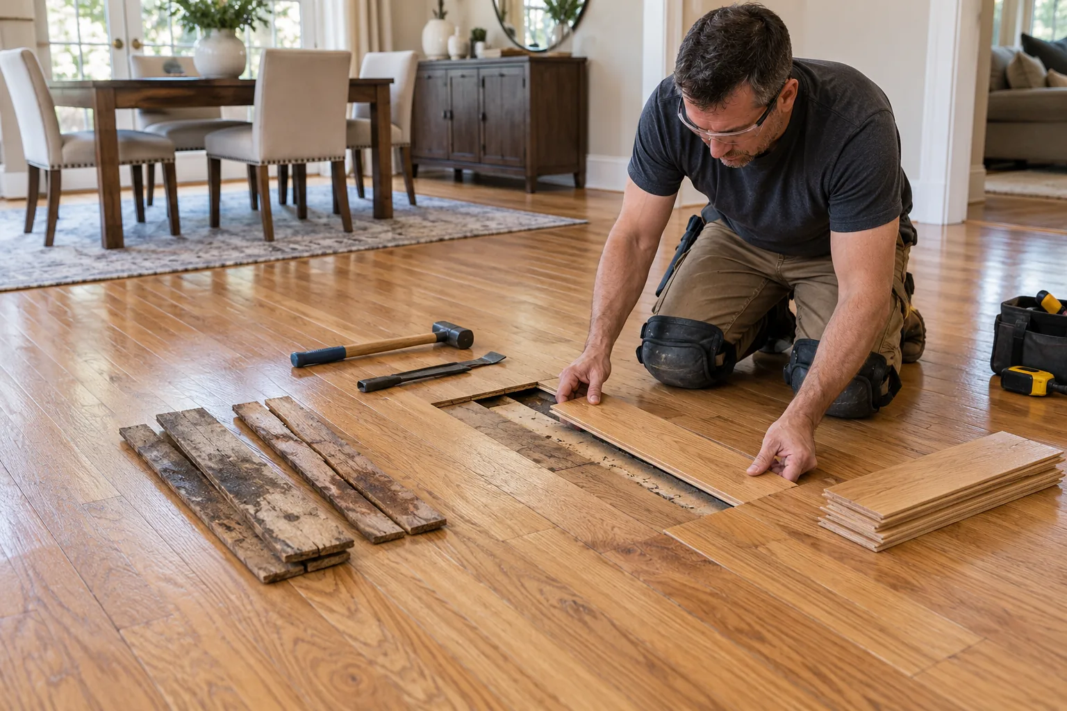Flooring specialist replacing cupped, split, cracked and water-damaged boards in an existing hardwood floor.